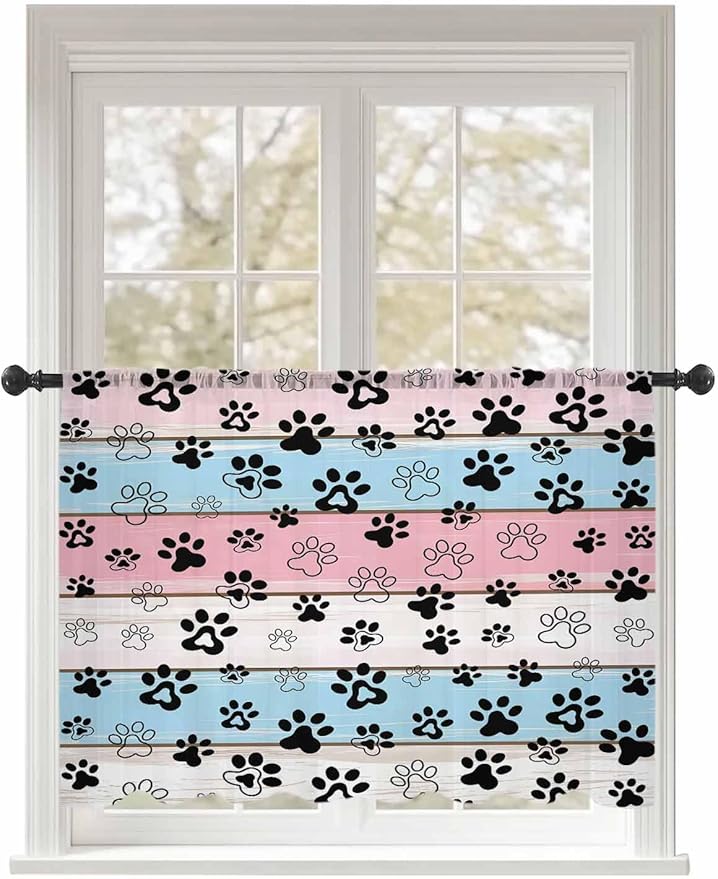 Sheer Curtains 45 Inch Length, Pink Blue Paw Print Semi Sheer Curtains Light Filtering Window Treatment, Vintage Farmhouse Wooden Grain Privacy Voile Drapes for Living Room Bedroom 52x45 Inch