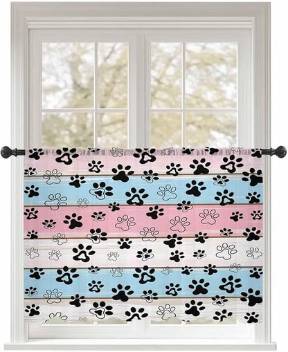 Sheer Curtains 45 Inch Length, Pink Blue Paw Print Semi Sheer Curtains Light Filtering Window Treatment, Vintage Farmhouse Wooden Grain Privacy Voile Drapes for Living Room Bedroom 52x45 Inch