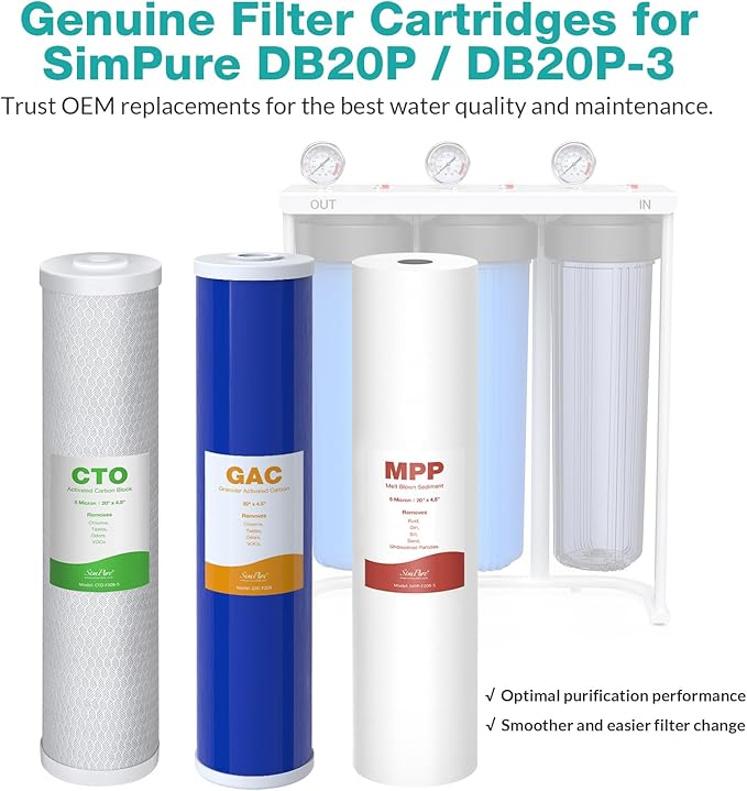 SimPure Whole House Water Filter Cartridges 5 Micron 20" x 4.5" PP+GAC+CTO 3-Stage Sediment and Carbon Filter Set, for DB20P-3, DGD-5005-20, GAC-20BB, FC25B, 1 Set