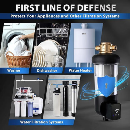 iSpring WSP100ARJ Spin-Down Sediment Water Filter, Upgraded Jumbo Size, Large Capacity, Reusable with Touch-Screen Auto Flushing Module, Brass Top Clear Housing, 100 Microns