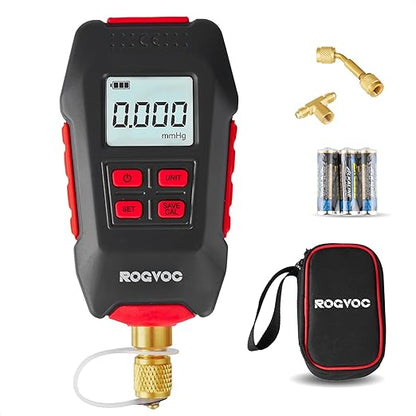 Digital Vacuum Gauge, HVAC Micron Vacuum Gauge Tester with 4 Units 7/16 inch-20 UNF, Digital Vacuum Micron Meter Set with Buzzer Alarm, 1/4 inch SAE Extension Connector Fitting