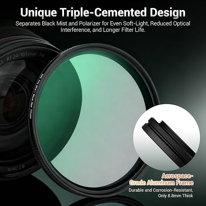 58mm Black Diffusion 1/4 & Reflectivity CPL 2 in-1 Filter with Lens Cap, Dreamy Softens Highlights with Effective Polarization, Mist Cinematic Polarizer Effect Filter with ND2 Reduction