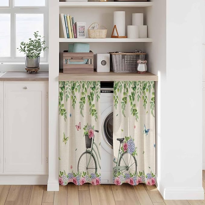 Farmhouse Spring Kitchen Curtains, Retro Bicycles Flowers Vines Butterfly Light Filtering Window Curtain Panels, 2Pcs Rod Pocket Window Treatments Set for Study Room Bathroom Bedroom 52x54 Inches