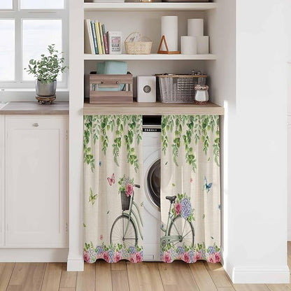 Farmhouse Spring Kitchen Curtains, Retro Bicycles Flowers Vines Butterfly Light Filtering Window Curtain Panels, 2Pcs Rod Pocket Window Treatments Set for Study Room Bathroom Bedroom 52x54 Inches