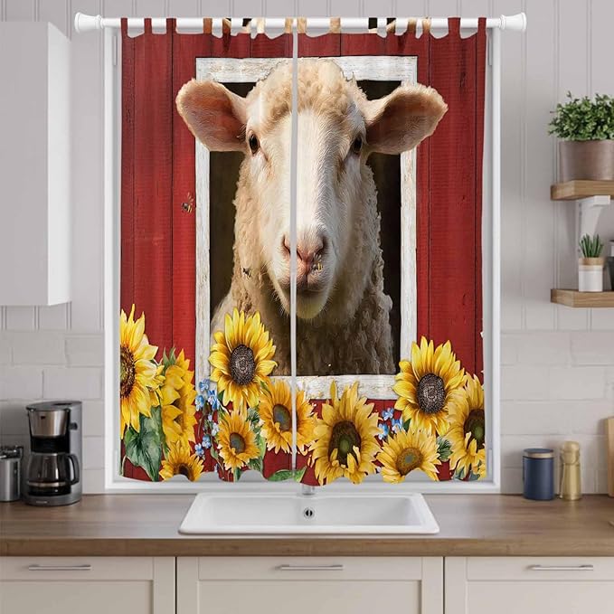 Sheep Sunflower Living Room Curtains 96 Inch Length, Window Curtains Tab Top, Country Red Farm Barn Spring Flowers Light Filtering Window Treatments Drapes 52"x96" 2 Panel