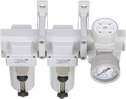 PneumaticPlus SAU430-N04DG-MEP Three Stage Air Drying System Particulate Air Filter, Coalescing Filter, Air Pressure Regulator Combo 1/2" NPT - Metal Bowl, Auto Drain, Bracket, Gauge