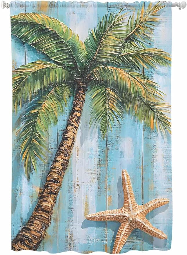 Sheer Curtains 72 Inches Long, Coastal Beach Tree Semi Sheer Curtains Light Filtering Window Treatment, Summer Tropical Starfish Wood Grain Privacy Voile Drapes for Living Room Bedroom 52x72 Inch