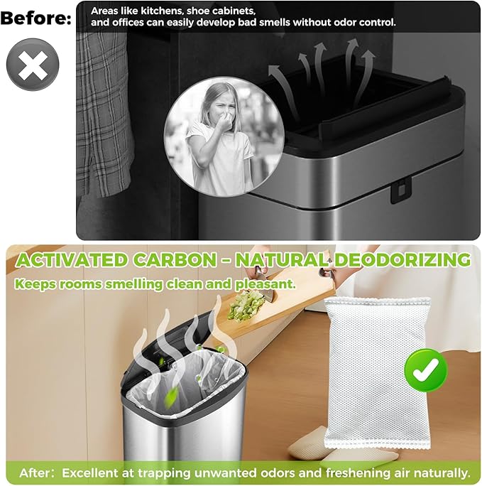 10-Pack (1.2 Pounds) Activated Charcoal Odor Absorber Filter Refills Compatible with iTouchless Trash Cans, Charcoal Odor Absorbing Bags, Each 4-Pack Fits 8-Gallon or Larger Trash Can