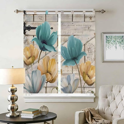 Watercolor Flowers Bedroom Curtains 72 Inch Length, Window Curtains Tab Top, Vintage Tulips Floral Barn Doors Wood Grain Light Filtering Window Treatments Drapes 52"x72" 2 Panel