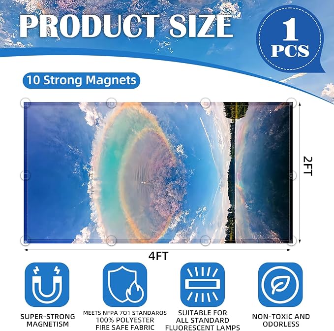 Fluorescent Light Covers - Classroom Covers for Ceiling Lights, 1 PCS 4 x 2 Feet Magnetic Light Filters, Classroom, Office Decor (Blue Sky - Rainbow)