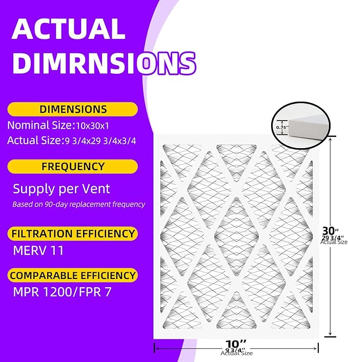 10x30x1 MERV 11 (6-Pack) Pleated Air Filter (Actual Size: 9.75x29.75x0.75") MPR 1200 & FPR 7, Furnace Air Filters,10x30x1 air filter