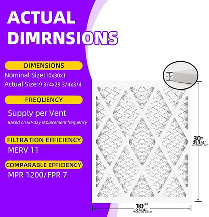 10x30x1 MERV 11 (6-Pack) Pleated Air Filter (Actual Size: 9.75x29.75x0.75") MPR 1200 & FPR 7, Furnace Air Filters,10x30x1 air filter