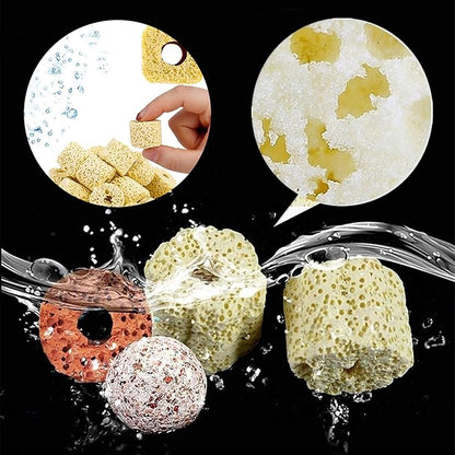 Aquarium Filter Media: 12-in-1 Bio Balls & Ceramic Rings Kit (1000g) for Fish Tank or Pond - Includes Zippered Mesh Bag