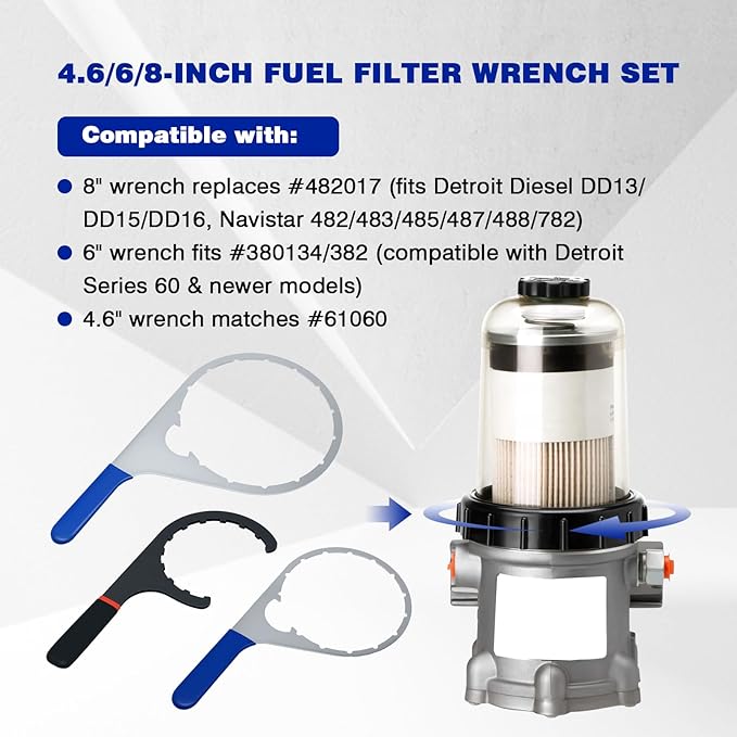4.6/6/8-Inch Fuel Filter Wrench Set Compatible with Detroit Diesel DD-Series & Navistar Engines Replaces for 380134, 382 Fits Select Diesel Trucks