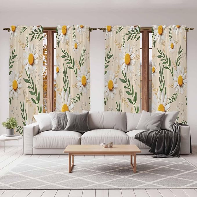 Spring Daisy Kitchen Curtains, Country Watercolor Flower Leaf Plant Light Filtering Window Curtain Panels, 2Pcs Rod Pocket Window Treatments Set for Living Room Bathroom Bedroom 52x72 Inches