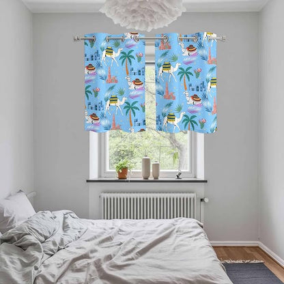 2 Panel Kitchen Cafe Curtains, Desert Landscape Sunlight Filtering Nature Air Through, Home Decor Window Covering Tier Curtains for Living Room 55W x 39L inch Cute Camels Palm Trees Houses Leaves Blue