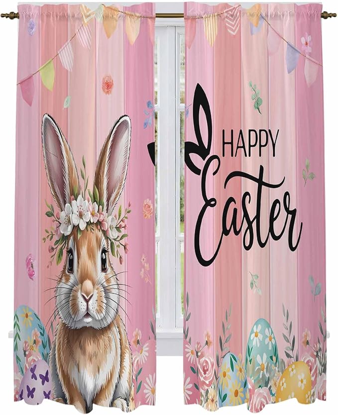 Easter Kitchen Curtains, Spring Rabbit Eggs Flowers Flags Leaves Wood Grain Light Filtering Window Curtain Panels, 2Pcs Rod Pocket Window Treatments Set for Living Room Bathroom Bedroom 52x72 Inches