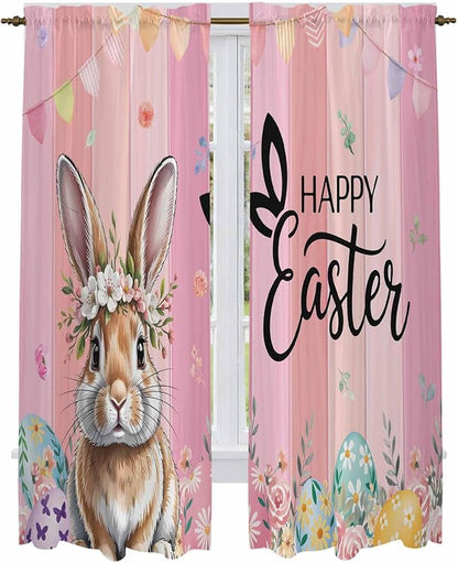 Easter Kitchen Curtains, Spring Rabbit Eggs Flowers Flags Leaves Wood Grain Light Filtering Window Curtain Panels, 2Pcs Rod Pocket Window Treatments Set for Living Room Bathroom Bedroom 52x72 Inches