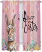 Easter Kitchen Curtains, Spring Rabbit Eggs Flowers Flags Leaves Wood Grain Light Filtering Window Curtain Panels, 2Pcs Rod Pocket Window Treatments Set for Living Room Bathroom Bedroom 52x72 Inches