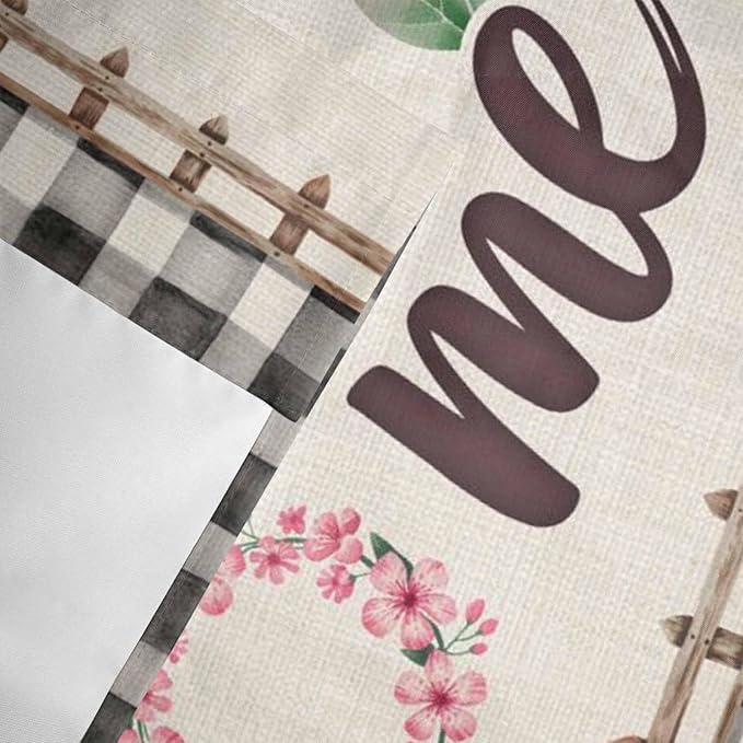 Spring Flowers Curtain Valances for Windows, Kitchen Valance Window Treatment, Vintage Watercolor Black Plaid on Linen Light Filtering Block Curtains for Bathroom/Bedroom/Living Room 60'' x 18''
