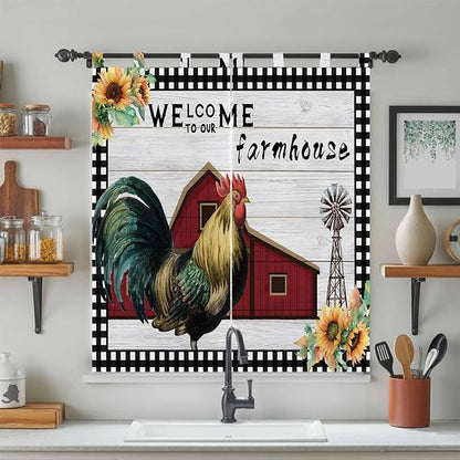 Farmhouse Rooster Bathroom Curtains 63 Inch Length, Window Curtains Tab Top, Rustic Red Barn Windmill Sunflowers Light Filtering Window Treatments Drapes 52"x63" 2 Panel
