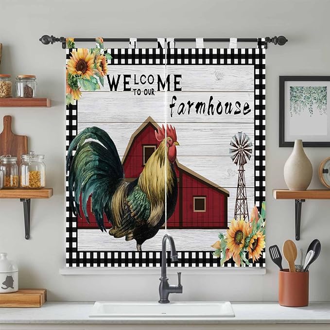 Farmhouse Rooster Bedroom Curtains 72 Inch Length, Window Curtains Tab Top, Rustic Red Barn Windmill Sunflowers Light Filtering Window Treatments Drapes 52"x72" 2 Panel