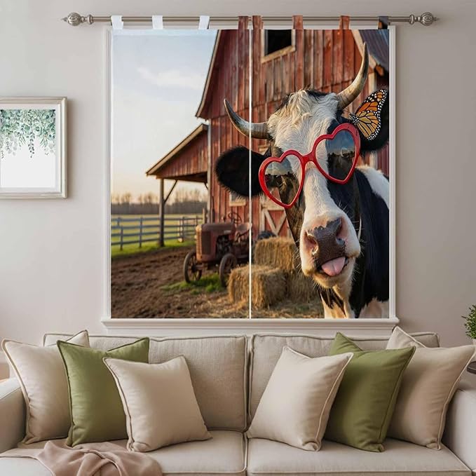 Farm Cows Bathroom Curtains 63 Inch Length, Window Curtains Tab Top, Farmhouse Barn Funny Animals Butterfly Light Filtering Window Treatments Drapes 52"x63" 2 Panel