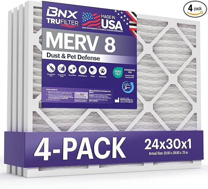 BNX TruFilter 24x30x1 Air Filter MERV 8 (4-Pack) - MADE IN USA – Dust & Pet Defense Electrostatic Pleated Air Conditioner HVAC AC Furnace Filters for Dust, Pet, Mold, Pollen MPR 600 – 700 & FPR 5