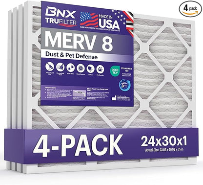 BNX TruFilter 24x30x1 Air Filter MERV 8 (4-Pack) - MADE IN USA – Dust & Pet Defense Electrostatic Pleated Air Conditioner HVAC AC Furnace Filters for Dust, Pet, Mold, Pollen MPR 600 – 700 & FPR 5