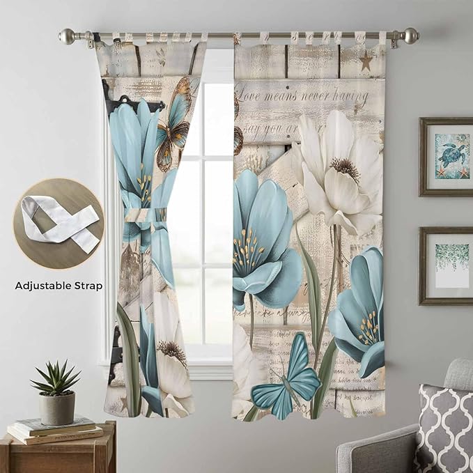 Teal Blue Tulips Living Room Curtains 96 Inch Length, Window Curtains Tab Top, Spring Floral Barn Doors Vintage Wood Beige Light Filtering Window Treatments Drapes 52"x96" 2 Panel