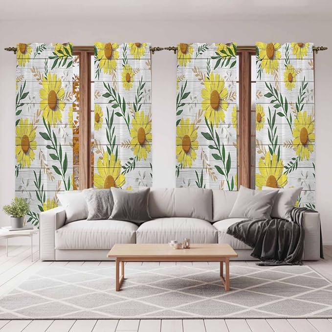 Yellow Daisy Kitchen Curtains, Farmhouse Country Flower Leaf Plant Wood Grain Light Filtering Window Curtain Panels, 2Pcs Rod Pocket Window Treatments Set for Living Room Bathroom Bedroom 52x72 Inches