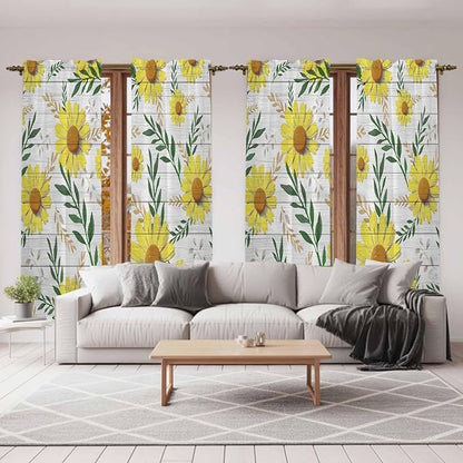 Yellow Daisy Kitchen Curtains, Farmhouse Country Flower Leaf Plant Wood Grain Light Filtering Window Curtain Panels, 2Pcs Rod Pocket Window Treatments Set for Living Room Bathroom Bedroom 52x72 Inches
