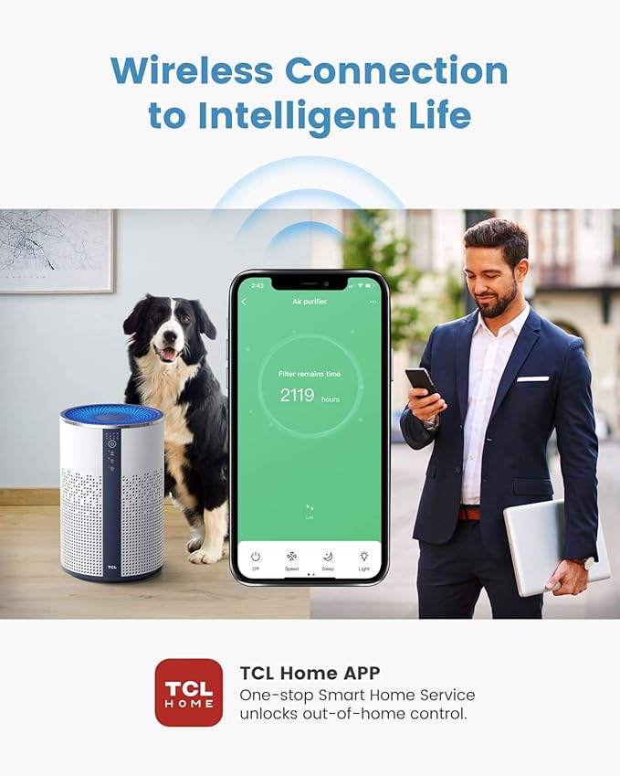 TCL Air Purifier for Home Room Bedroom, Smart WiFi Alexa Control, True H13 HEPA Air Filter Remove 99.97% Smoke Odor Pet Dander Dust Pollen Mold Air Cleaner Metal Design with Night Light