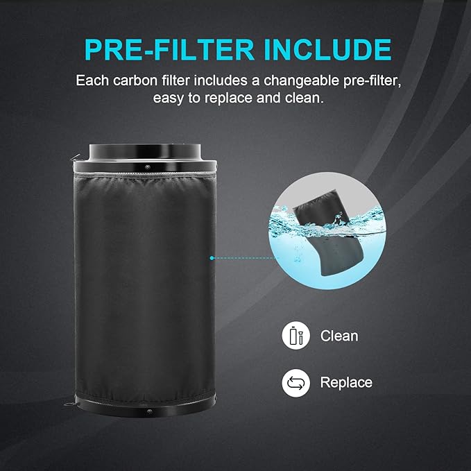 iPower 4 Inch Air Carbon Filter Odor Control with Australia Virgin Premium Charcoal and Reversible Flange for Inline Duct Fan/Grow Tent/Hydroponics, 4"X12", Prefilter Included, Black