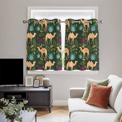 2 Panel Kitchen Cafe Curtains, Retro Desert Camel Sunlight Filtering Nature Air Through, Home Decor Window Covering Tier Curtains for Bedroom Living Room Tropical Animal Aloe Vera Leaves Dark Green