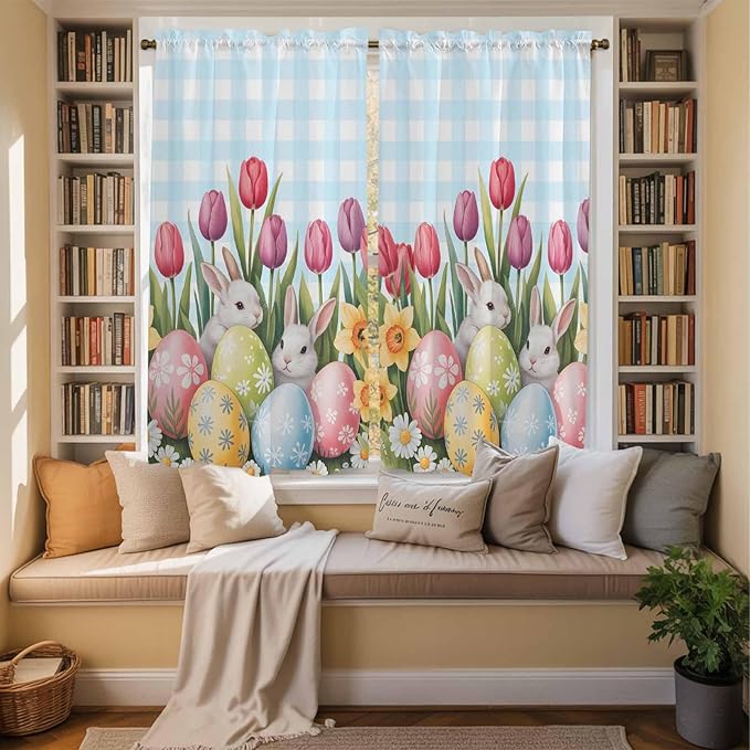 Easter Window Curtains 63 Inch Long 2 Panel Set, Rod Pocket Bedroom Curtains & Drapes, Spring Bunny Colorful Eggs Tulip Flowers Blue Check Light Filtering Window Treatment for Living Room 42"W x 63"L