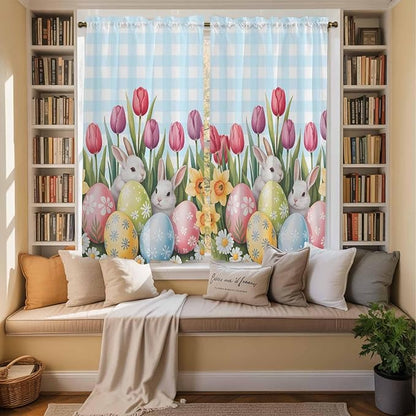 Easter Window Curtains 63 Inch Long 2 Panel Set, Rod Pocket Bedroom Curtains & Drapes, Spring Bunny Colorful Eggs Tulip Flowers Blue Check Light Filtering Window Treatment for Living Room 42"W x 63"L