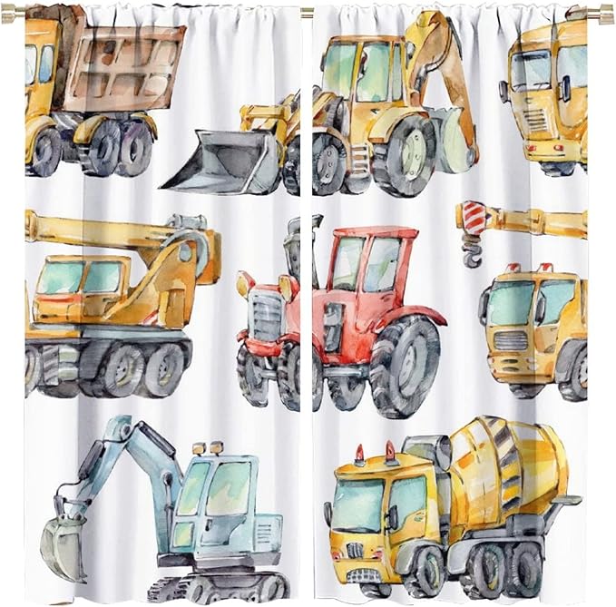 Kids Excavator Curtains, Retro Truck Tractor Machinery Construction Vehicle Crane Digger Mixer Rod Pocket Decorative Windows Curtain for Teens Girls Boys Room 63x63in (30% Blackout)