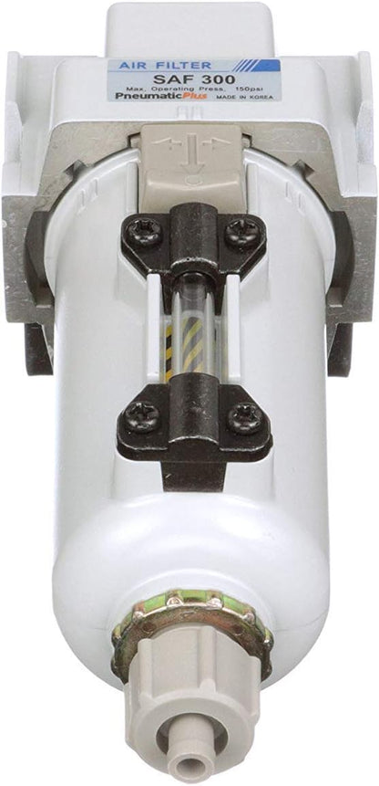 PneumaticPlus SAF300-N03B-MEP Compressed Air Particulate Filter 3/8" NPT, 10 Micron Element, Metal Bowl, Manual Drain, Bracket