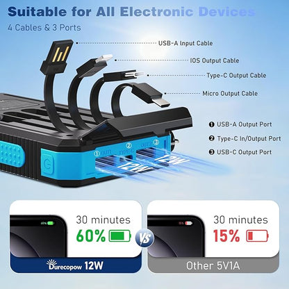 Solar Charger Power Bank 20,000mAh, Portable Charger, 4 Cables 3 Ports Fast Charging External Battery Pack with USB C for Cell Phones, Solar Panel Charger with Dual Flashlight for Camping