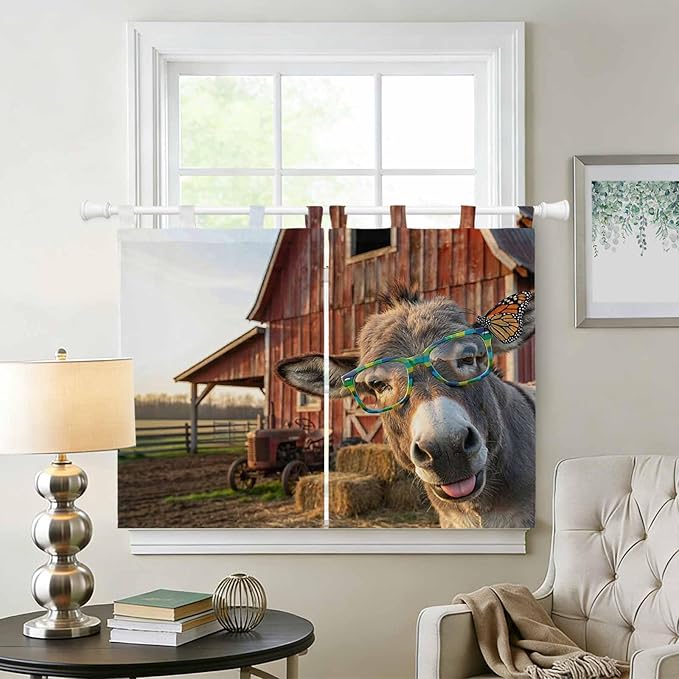 Farm Donkeys Kitchen Curtains 45 Inch Length, Short Cafe Window Curtains Tab Top, Farmhouse Barn Funny Animals Butterfly Light Filtering Window Treatments Tier Drapes 27.5"x45" 2 Panel