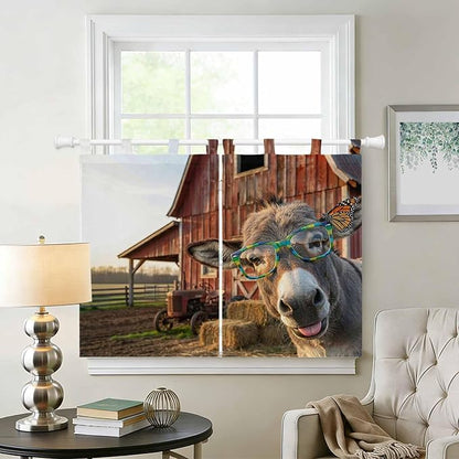 Farm Donkeys Kitchen Curtains 45 Inch Length, Short Cafe Window Curtains Tab Top, Farmhouse Barn Funny Animals Butterfly Light Filtering Window Treatments Tier Drapes 27.5"x45" 2 Panel