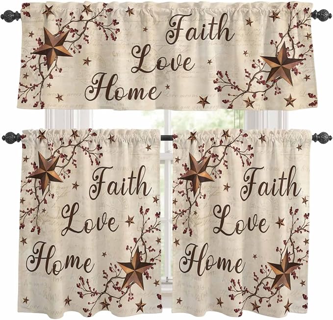 Kitchen Curtains Tiers and Valance Set of 3, Brown Farmhouse Light Filtering Window Curtain Set, Retro Country Stars Rustic Branches Berry Rod Pocket Curtain Drapes for Living Room, 24 Inches Tiers