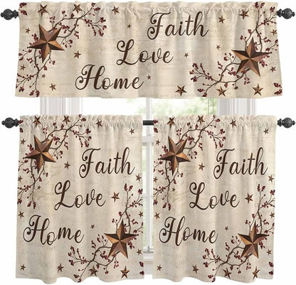 Kitchen Curtains Tiers and Valance Set of 3, Brown Farmhouse Light Filtering Window Curtain Set, Retro Country Stars Rustic Branches Berry Rod Pocket Curtain Drapes for Living Room, 24 Inches Tiers