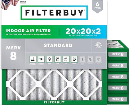Filterbuy 20x20x2 Air Filter MERV 8 Essential Dust & Allergy Defense (6-Pack), Electrostatic Pleated HVAC AC Furnace Filters Replacement, Made in USA (Actual Size: 19.50 x 19.50 x 1.75)
