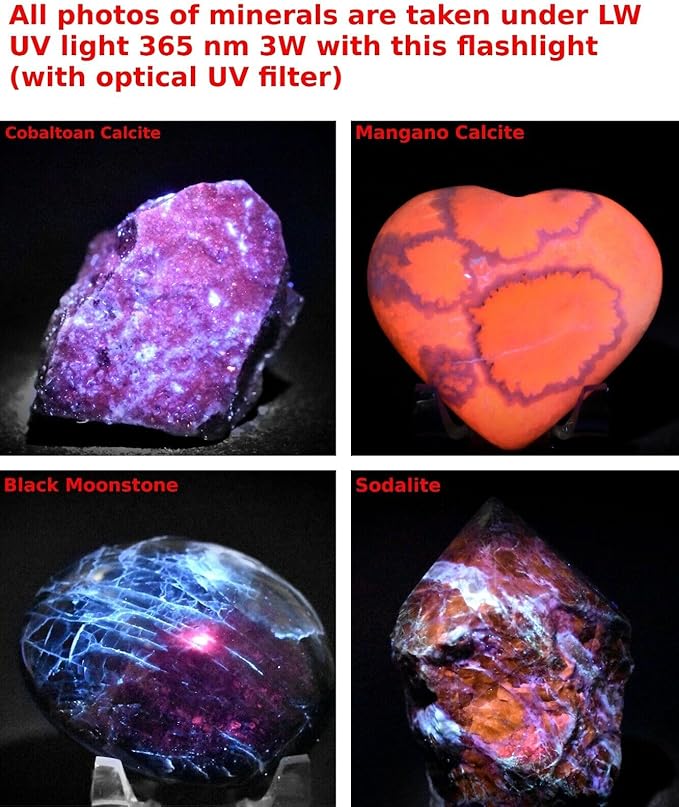 Flashlight for Fluorescence/Glowing Mineral Crystal Lightweight Powerful 3 Watt 365nm Blacklight w/Optical UV Filter Pocket Torch, USB Rechargeable (USB Cable Included) + Sodalite Rough (1PC)