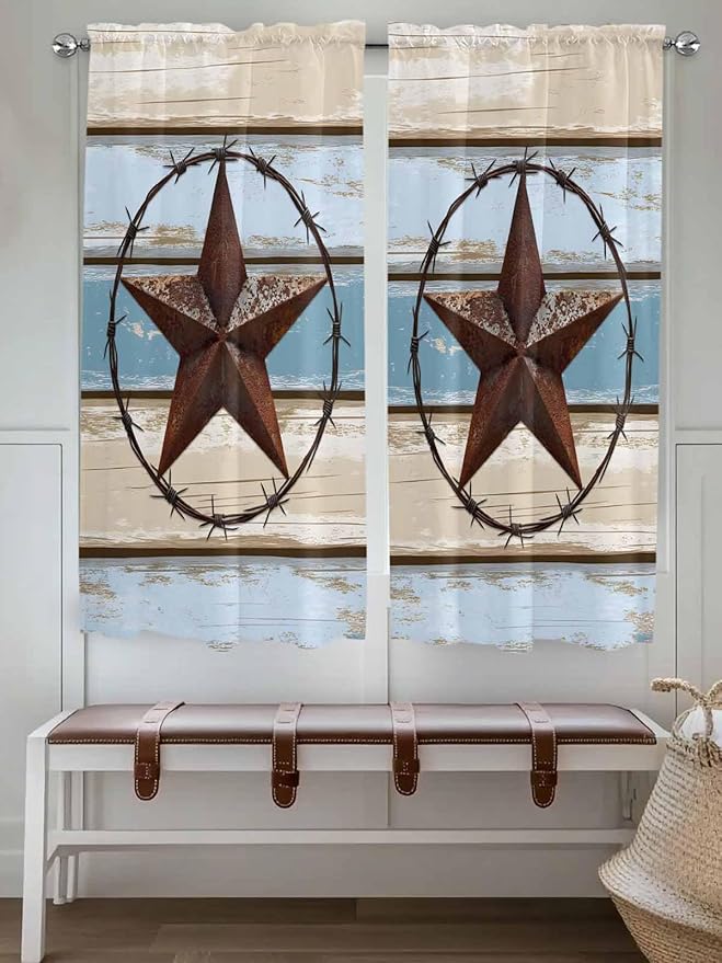 Vintage Western Star on Wood Grain Window Valance Curtains, Retro Wooden Texture Light Filtering Kitchen Valance with 3-inch Rod Pocket for Living Room Bathroom Bedroom,2 Panel,52x72In