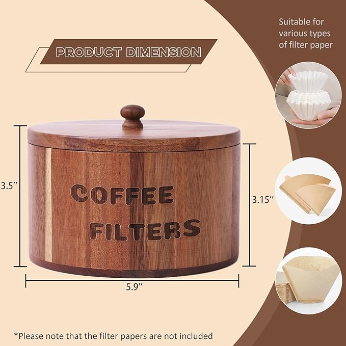 Acacia Wood Coffee Filter Holder and Storage - Round Container for Coffee Bar Organizer, Rustic Dispenser Basket
