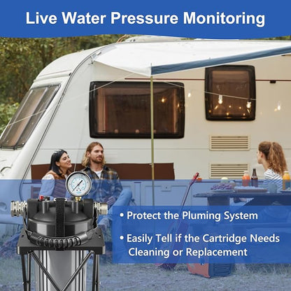 6-Layer RV Water Filter with Stand and 0.5 Micron Filtration, 3/4" GHT Metal Threads Garden Hose Water Filter, Reduces Sediments, Chlorine, VOCs, Heavy Metals, Bad Taste, Odor, and More