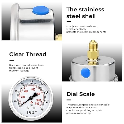 0-160 Psi Glycerin Liquid Filled Low Pressure Gauge, 2.5" Dial Size, 1/4" G Back Mount, 304 Stainless Steel Case, for Water Pipe, HVAC, Water Oil Air Pressure Test